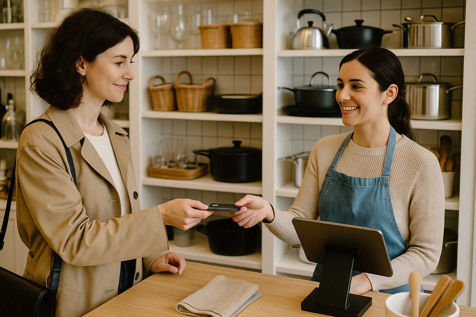 A woman making a purchase at a kitchen store