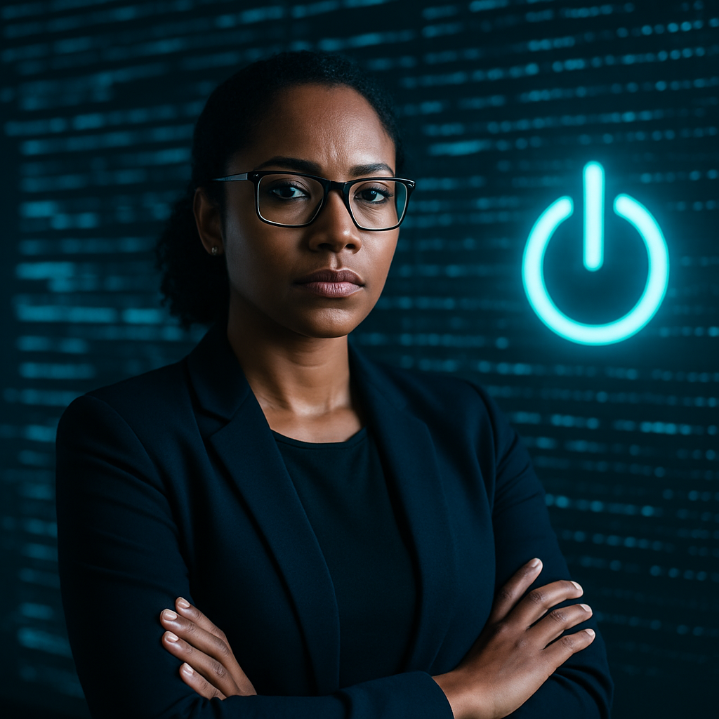 A professional woman in front of virtual code