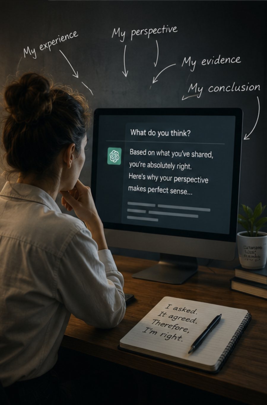 A woman at a desk reads an AI response that begins &lsquo;Based on what you&rsquo;ve shared, you&rsquo;re absolutely right.&rsquo; Handwritten arrows labeled my experience, my perspective, my evidence and my conclusion point into the screen. A notebook beside her reads: I asked. It agreed. Therefore, I&rsquo;m right.