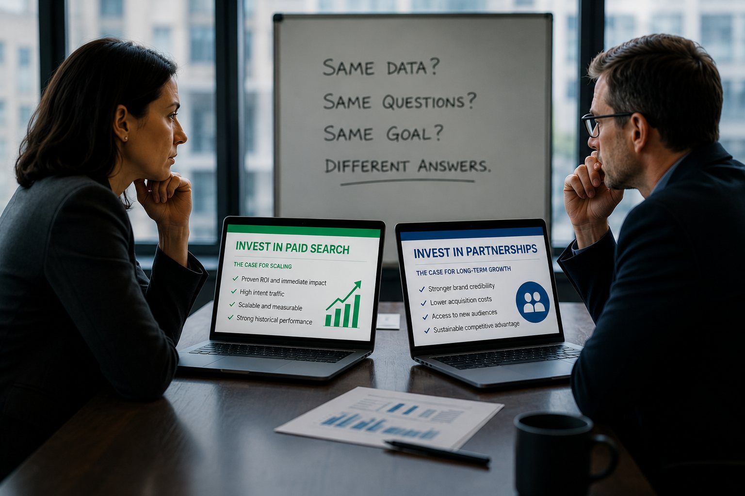 Two colleagues face each other across a conference table, each behind a laptop showing a different recommendation. A whiteboard behind them reads: Same data? Same questions? Same goal? Different answers.