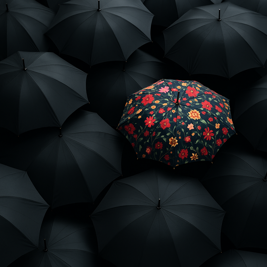 One brightly colored umbrella amongst a sea of black umbrellas
