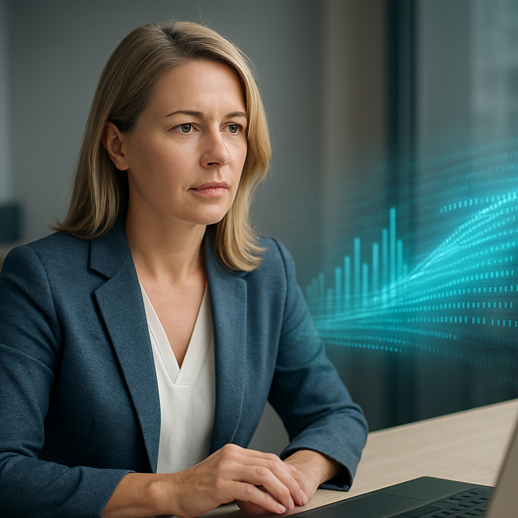 Professional woman working at a desk with a glowing digital display of graphs and data
